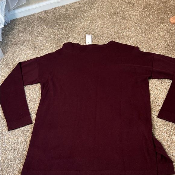 Ann Taylor NEW Burgundy Top Black Faux Leather Pockets sweater half sleeve SZ SM - Picture 8 of 8